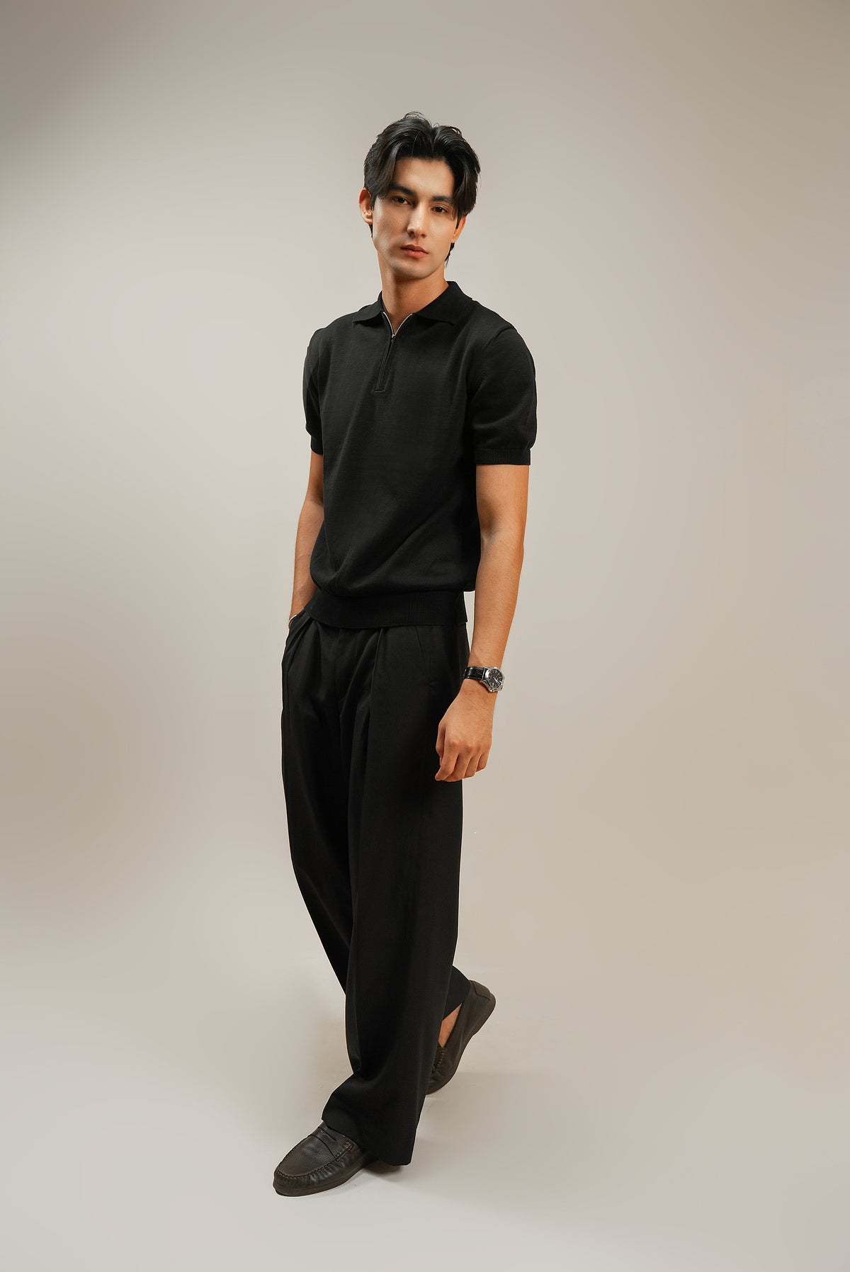 L’VALLON HALF ZIPPE POLO - Black
