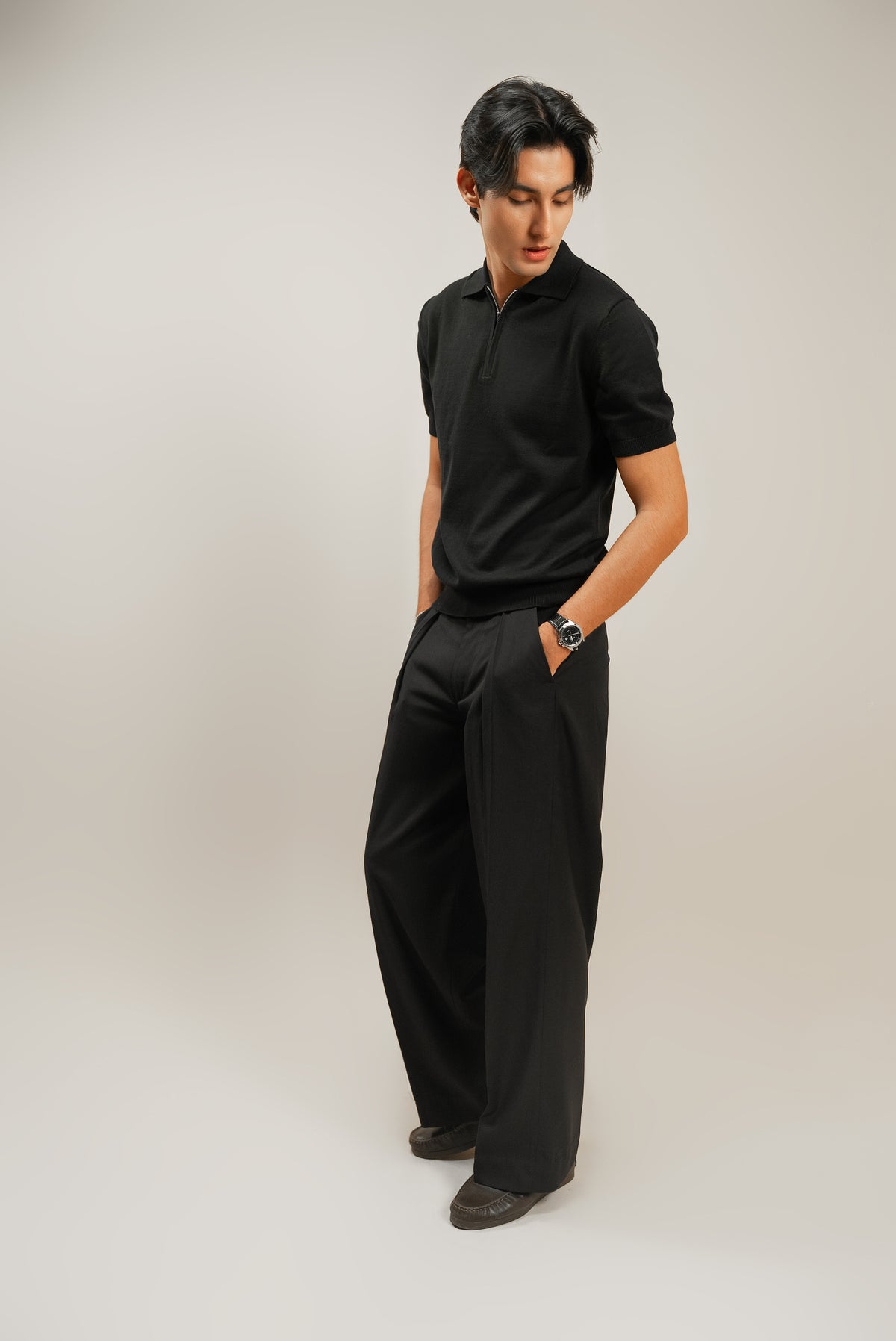 L’VALLON HALF ZIPPE POLO - Black